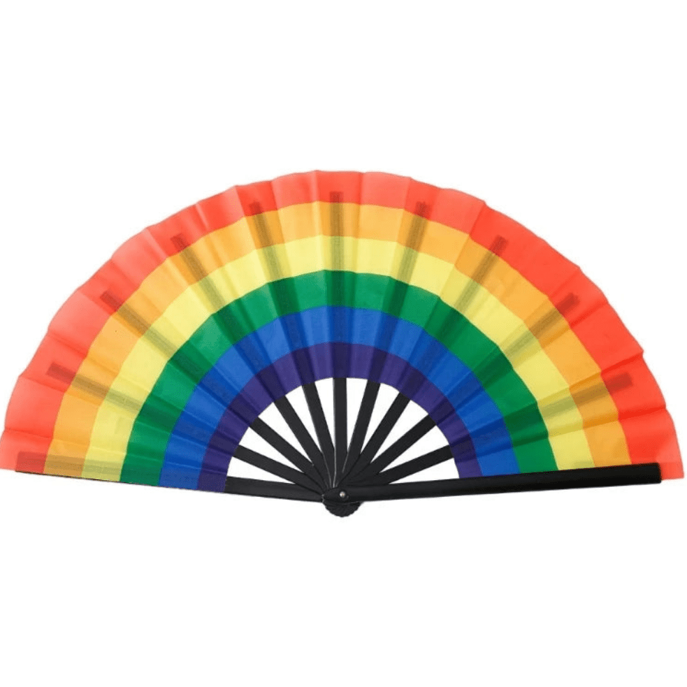 An image features Very Large Folding Persinal Fans from Gay Skate, each representing different pride flag identities. The colors are vibrant rainbow spectrums, with each fan displaying a unique design reflecting the Rainbow, Lesbian, Bi, Trans, Non-binary, Pansexual, and Asexual pride flags. Drag queen fans