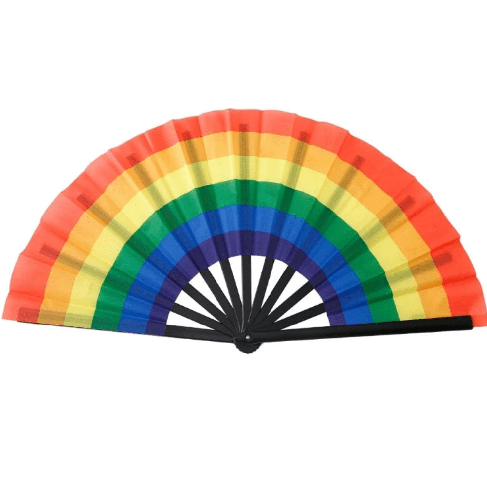 An image features Very Large Folding Persinal Fans from Gay Skate, each representing different pride flag identities. The colors are vibrant rainbow spectrums, with each fan displaying a unique design reflecting the Rainbow, Lesbian, Bi, Trans, Non-binary, Pansexual, and Asexual pride flags. Drag queen fans