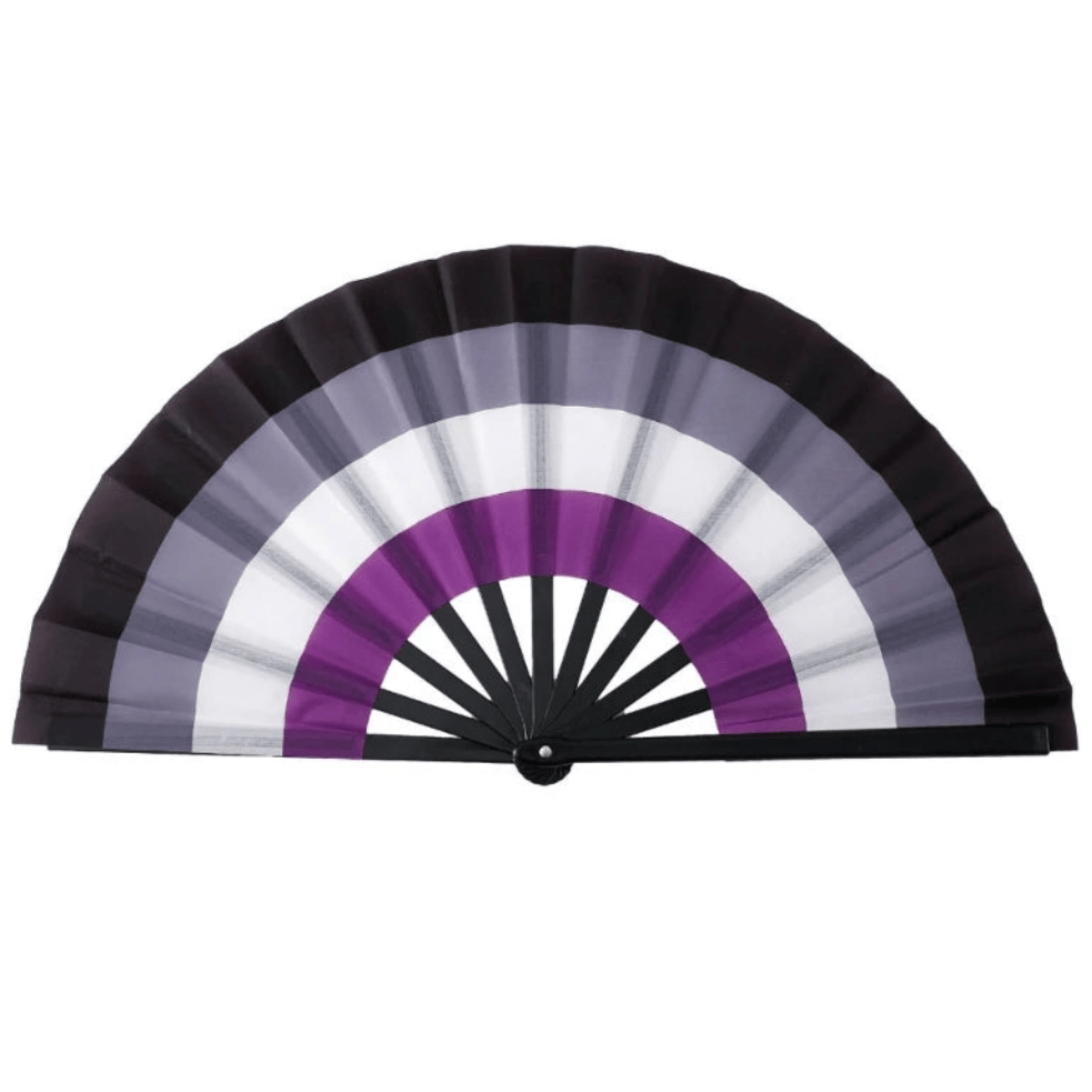An image features Very Large Folding Persinal Fans from Gay Skate, each representing different pride flag identities. The colors are vibrant rainbow spectrums, with each fan displaying a unique design reflecting the Rainbow, Lesbian, Bi, Trans, Non-binary, Pansexual, and Asexual pride flags. Drag queen fans
