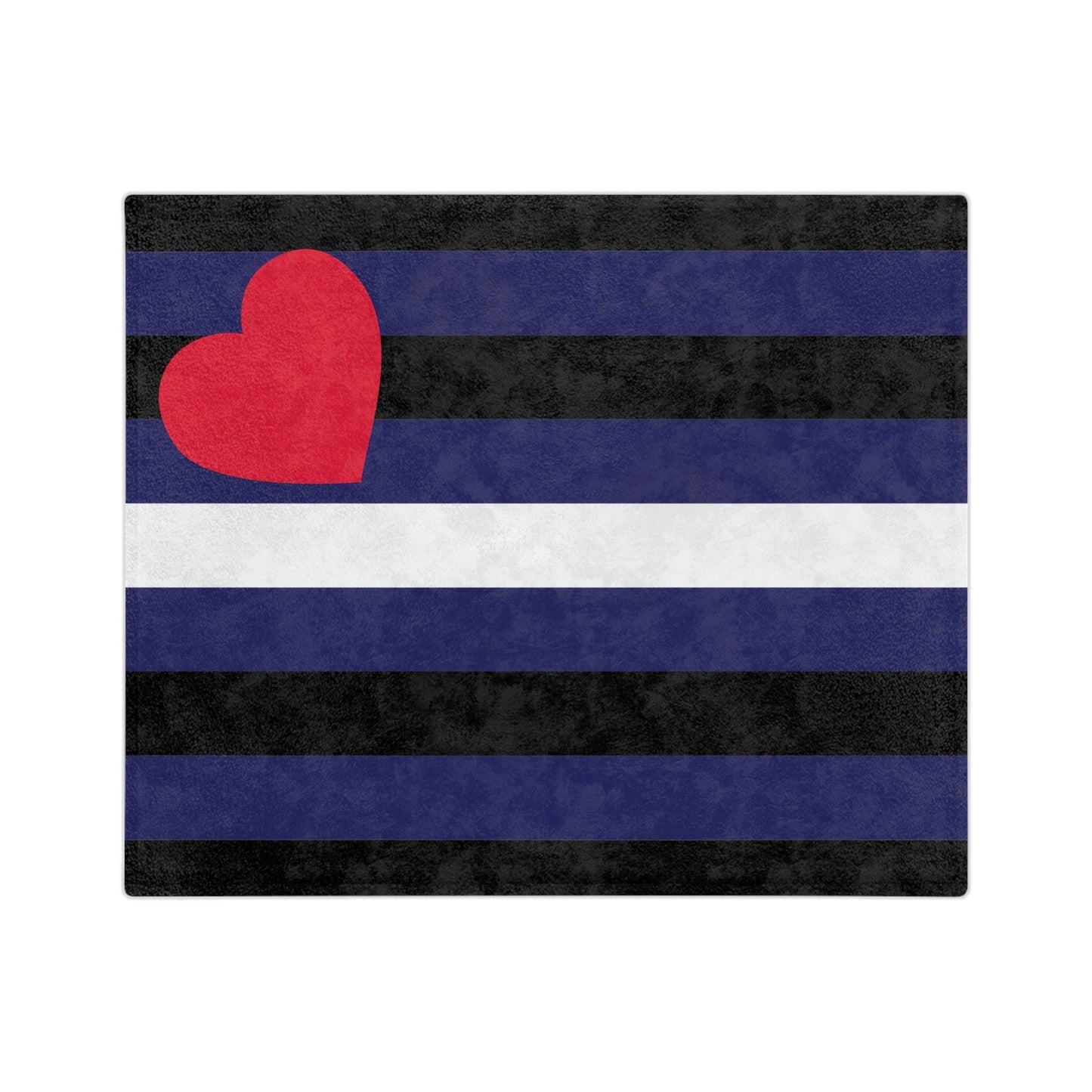 The Leather Pride Flag - Velveteen Microfiber Blanket by Printify features a design with vertical stripes in black, blue, and white, accented by a large red heart in the bottom left corner. This luxurious blanket embodies comfort and love with its super-soft velveteen microfiber material, reminiscent of a custom creation from an LGBTQ-owned business.