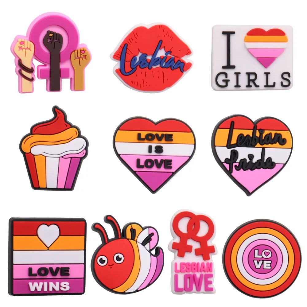 Lesbian pride flag, sapphic, WLW jibbitz. LGBTQ shoe charm jibbits. Perfect for decorating crocs. Gay, lesbian, trans, queer and dyke pride jibbitz.