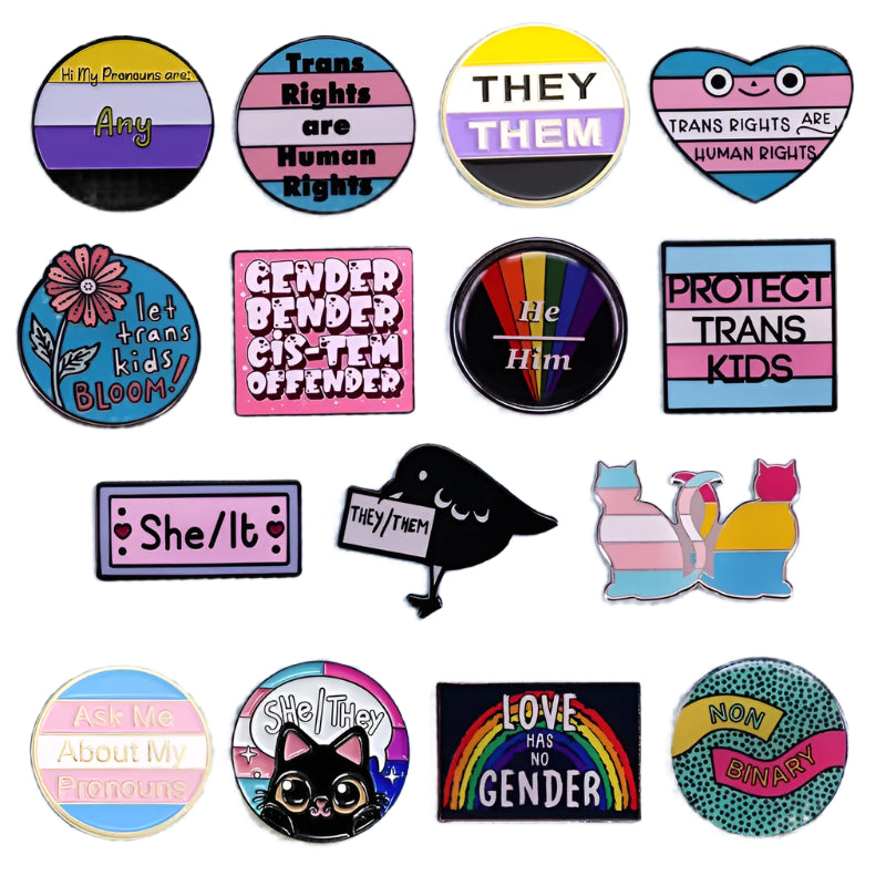 Pronoun pins, rainbow pride, ally, trans pride badges