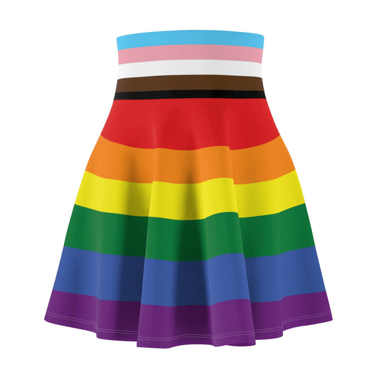 Introducing the LGBTIQ Progress Pride flag Skater Skirt by Printify—a vibrant and versatile skirt featuring horizontal stripes that transition from pastels to a Rainbow Progressive pride flag pattern. This colorful piece celebrates diverse LGBTQ+ pride elements and is crafted by a trans and queer owned business.
