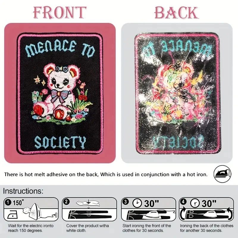 Menace to Society text patch, featuring a cute toy bear and colorful design