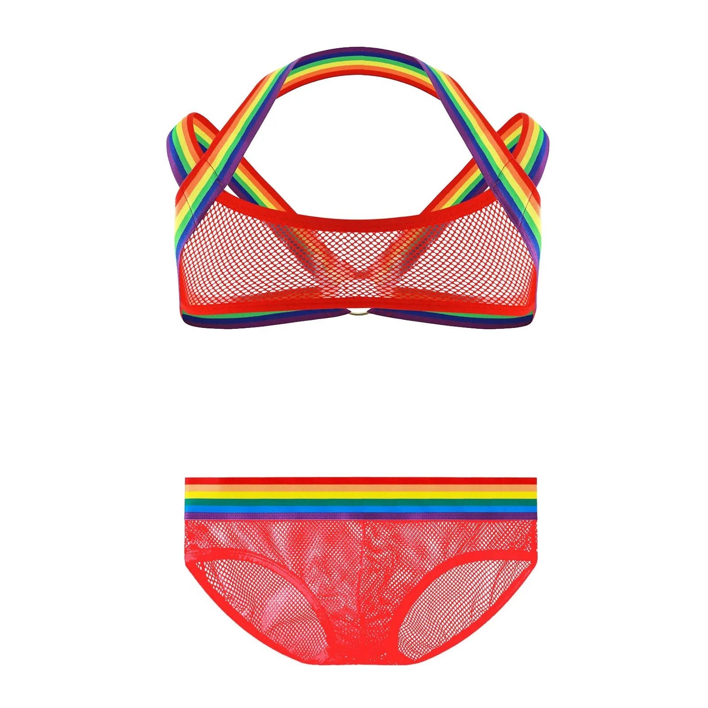The Mesh Harness Set - Chest and Briefs features a red mesh design with rainbow-strips. The top includes chest harness cross straps, while the bottoms offer a sheer look with a matching rainbow waistband, perfect for pride events. Sexy gay Chest Harness showcases a vibrant rainbow design, embodying the spirit of queer pride. Leather pride, Fetish, BDSM, Mardi Gras Outifit. Sexy twink poof twank fag see-through men's lingerie