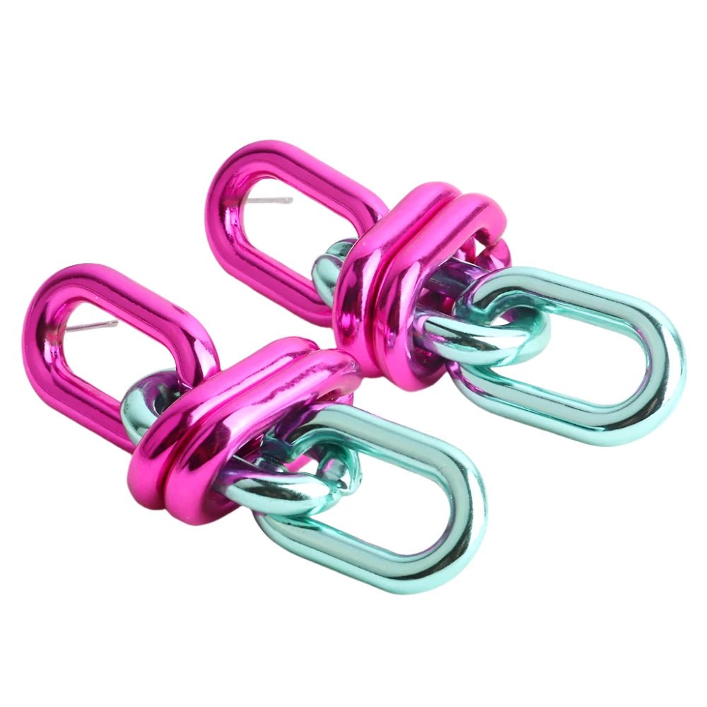 A vibrant pair of Gay Skate's Metallic Chain Link Drop Earrings featuring acrylic interlocking oval links in metallic pink and turquoise, inspired by vintage designs. These earrings include stud posts for easy wearing.
