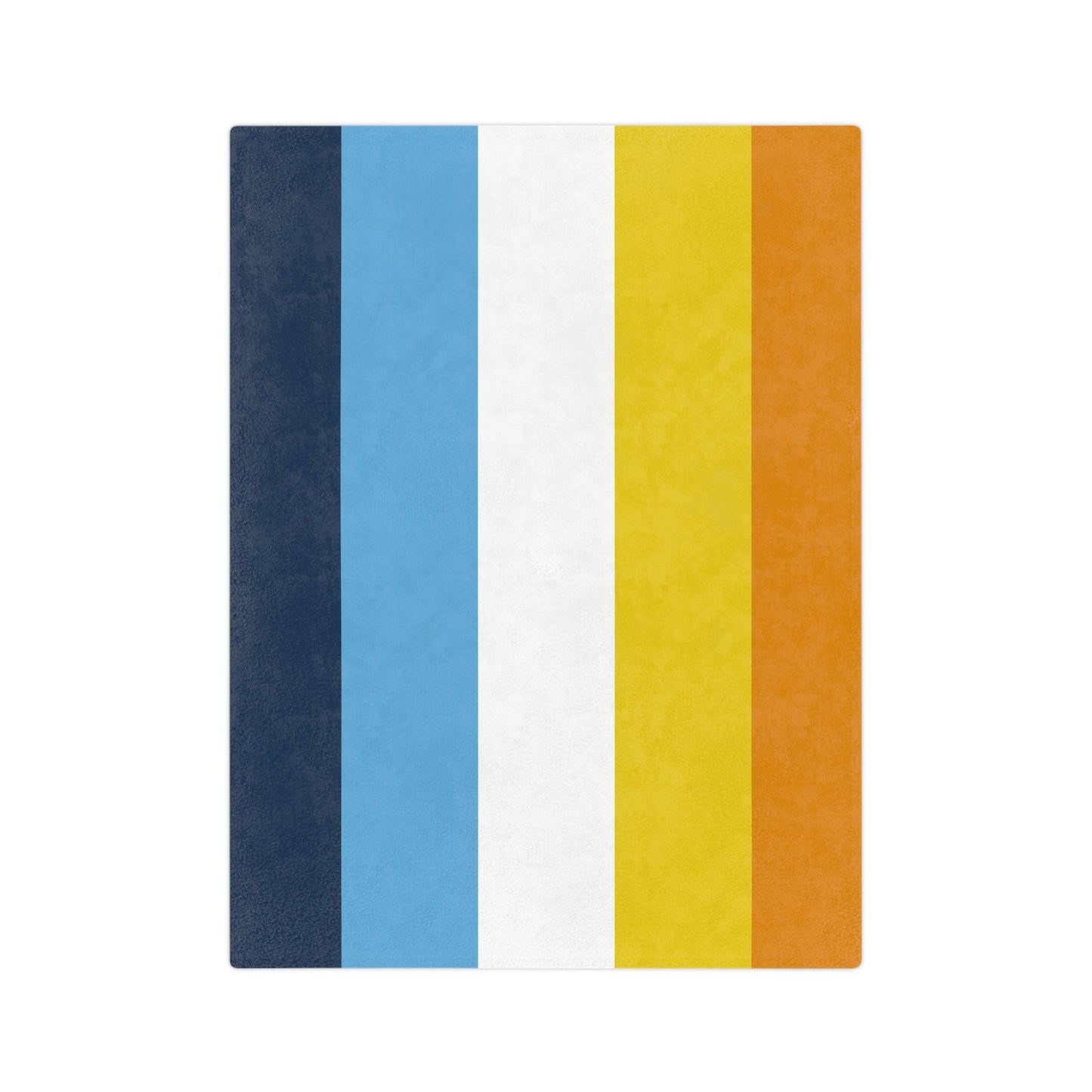 The Minky Blanket Aroace Aromantic-Asexual Pride Flag by Printify showcases a vertical striped design in dark blue, sky blue, white, yellow, light orange, and orange on white. This cozy velveteen microfiber blanket is perfect for winter decor or as a pride piece to warm your space with inclusivity and love.