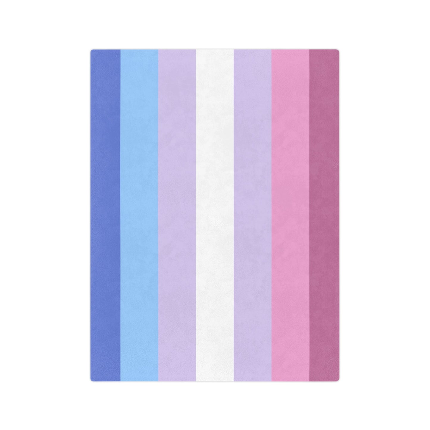 The Printify Minky Blanket Bigender Pride Flag, crafted from velveteen microfiber, features vertical stripes of dark blue, light blue, light purple, white, light pink, darker pink, and dark purple. Perfect for celebrating trans and queer-owned businesses this winter with cozy warmth.