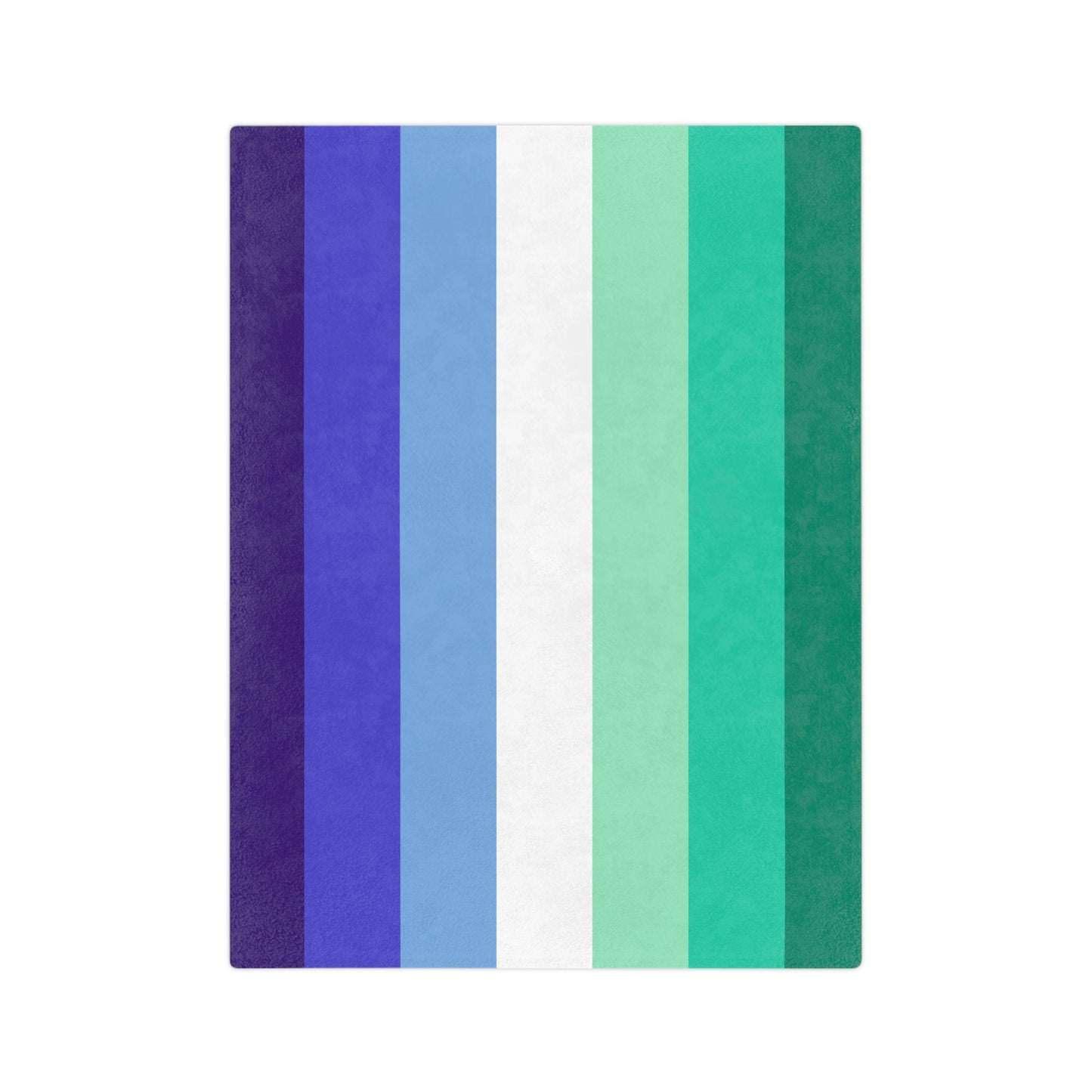 The Printify Minky Blanket Gay Men MLM Pride Flag, crafted in velveteen microfiber, showcases vertical stripes with a gradient from dark blue to dark green, accented by lighter blues, purples, and a central white stripe, perfect for cozy winter decor or celebrating Pride.