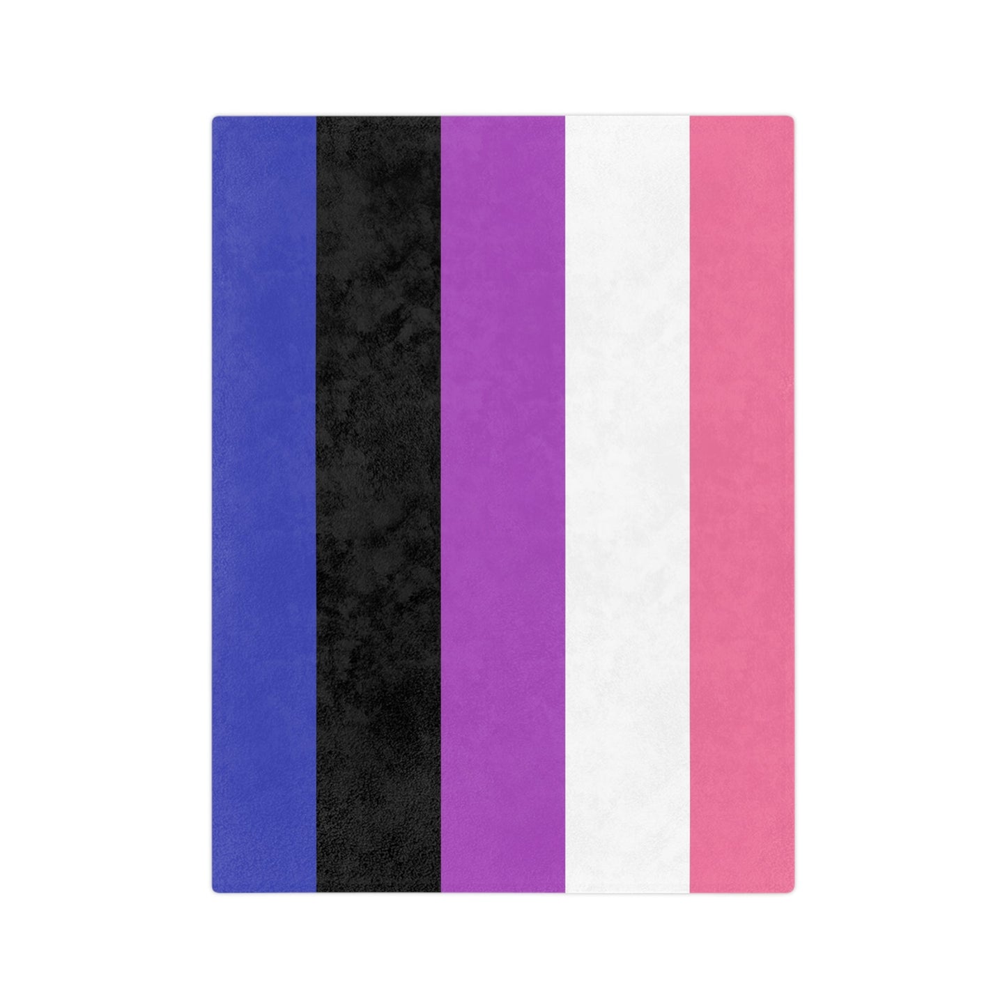 The Minky Blanket Genderfluid Pride Flag by Printify features a cozy velveteen microfiber design with five vertical stripes: blue, black, purple, white, and pink, reminiscent of the Genderfluid pride flag and perfect for bringing a warm winter decor vibe.
