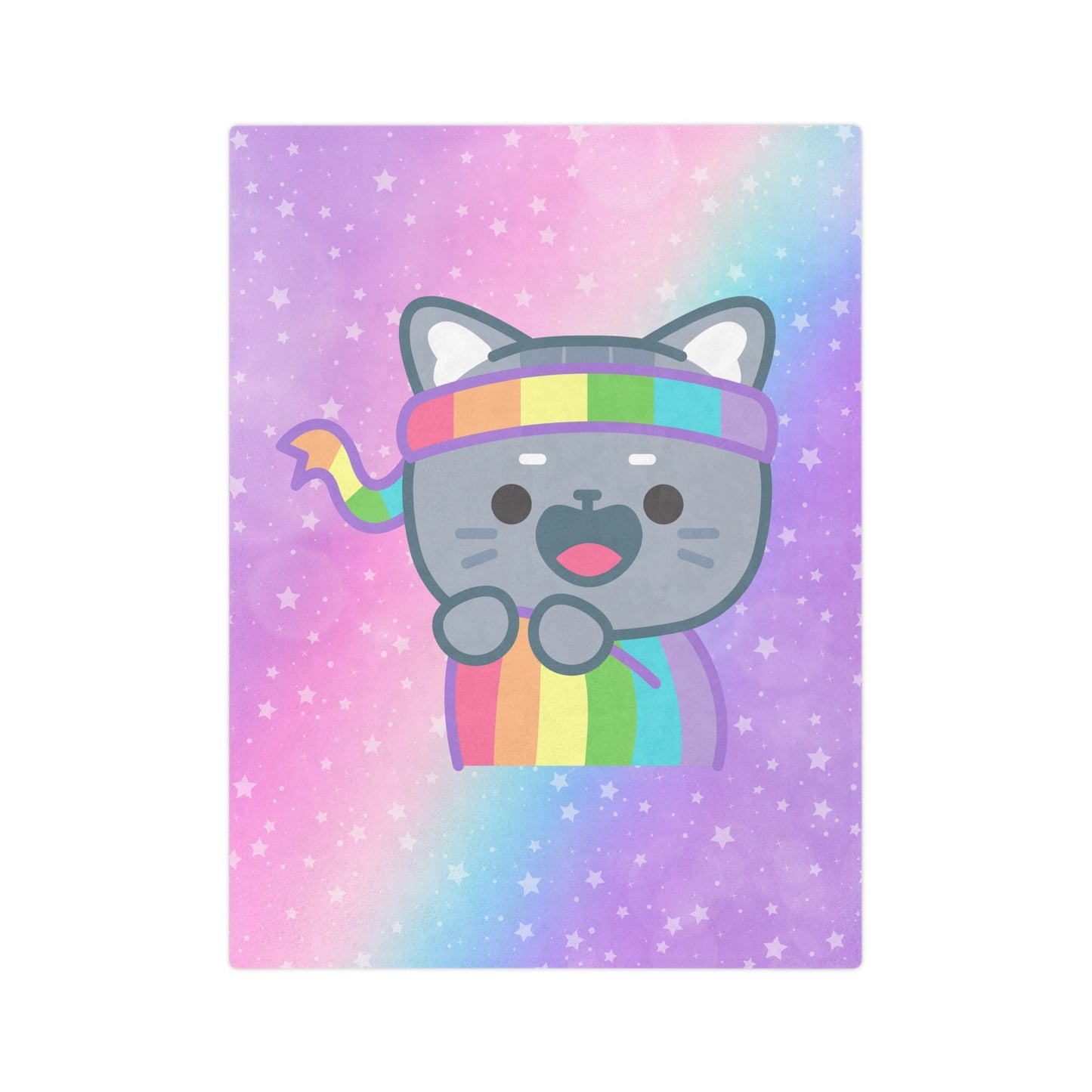 The Printify Minky Blanket features a kawaii kitten wrapped in a rainbow pride flag, with a cute cartoon cat wearing a rainbow scarf and headband against a pastel rainbow and starry backdrop. The smiling cat poses playfully, captured on this velveteen microfiber blanket.
