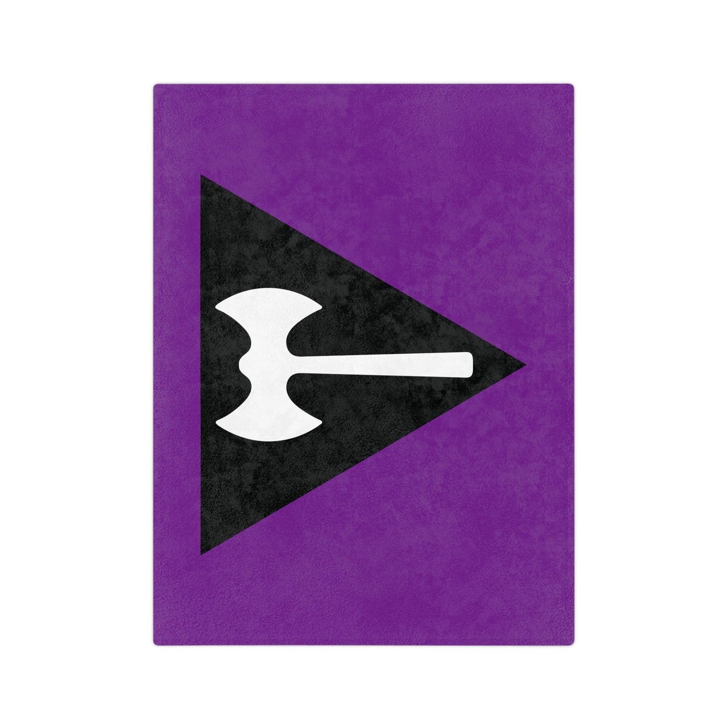 The Minky Blanket Labrys Lesbian Pride Flag by Printify features a purple background with a black right-pointing triangle and a white axe, merging vibrant color with cozy winter decor vibes.