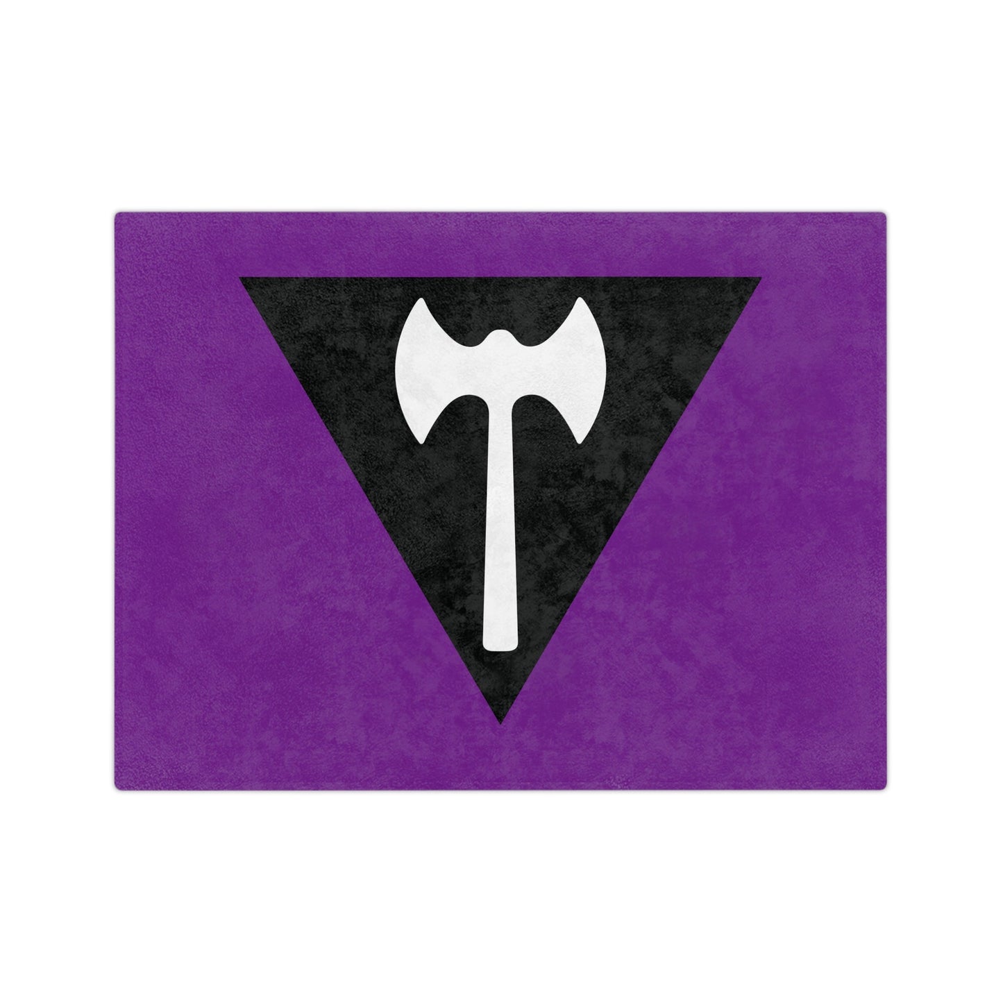 The Printify Minky Blanket Labrys Lesbian Pride Flag, made of velveteen microfiber, features a purple rectangle with a black upside-down triangle and a white double-headed axe design.