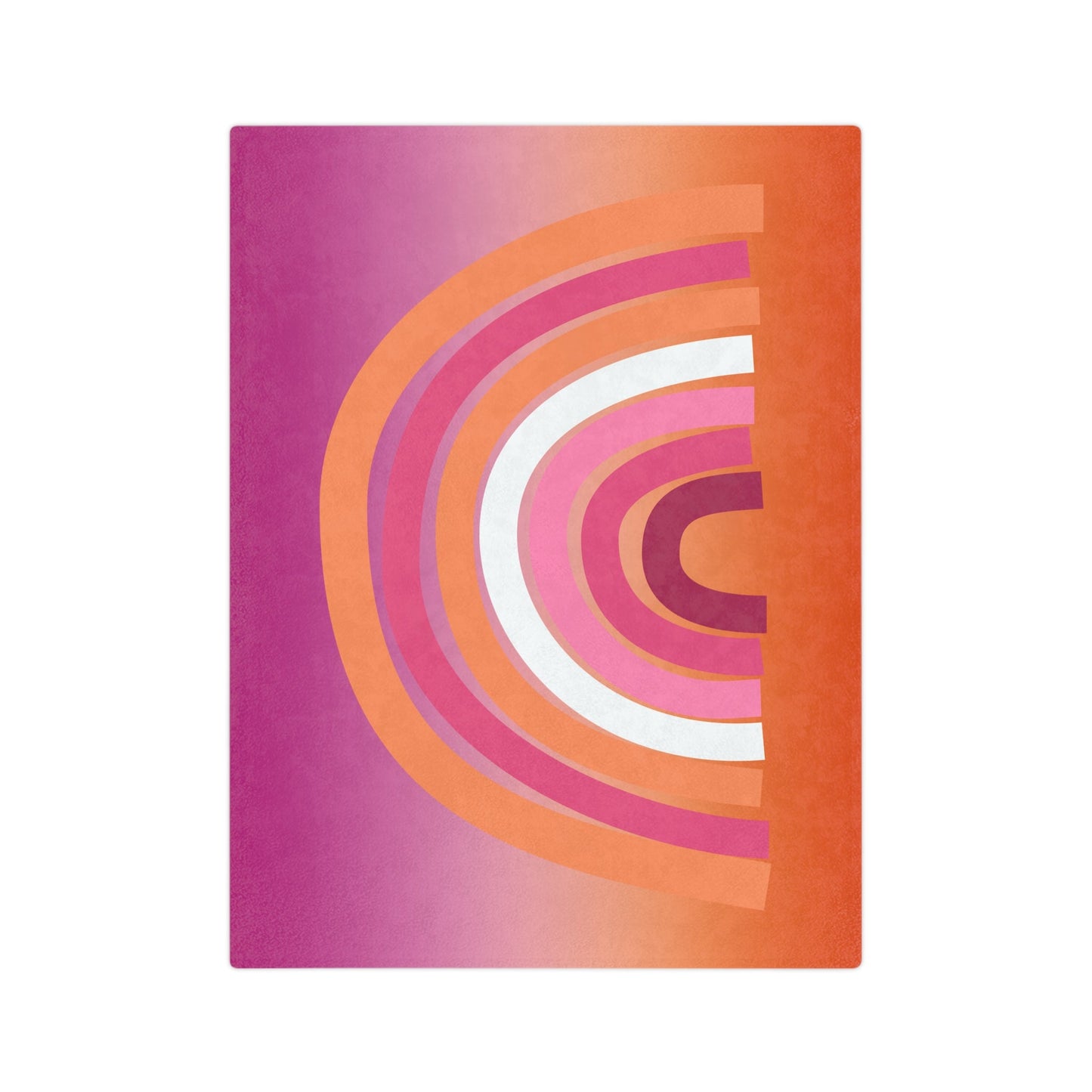 The Minky Blanket, titled Lesbian Rainbow Pride Flag, showcases an rainbow design with layered semi-circles in orange, pink, purple, white, and red on soft velveteen microfiber. Inspired by the lesbian pride flag, it transitions smoothly from warm to cool tones.