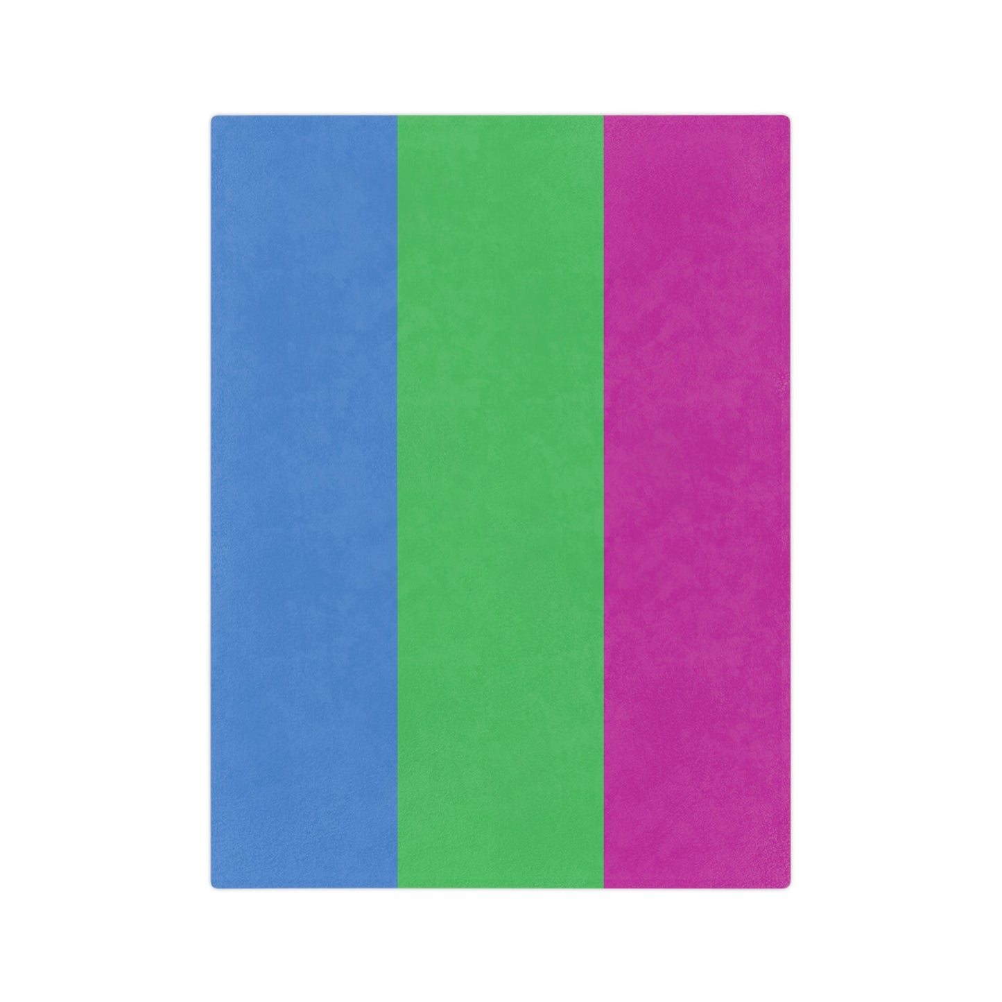 The Minky Blanket Polysexual Pride Flag by Printify features a rectangular abstract design with vertical blue, green, and purple bands against a plain white background, crafted from velveteen microfiber.