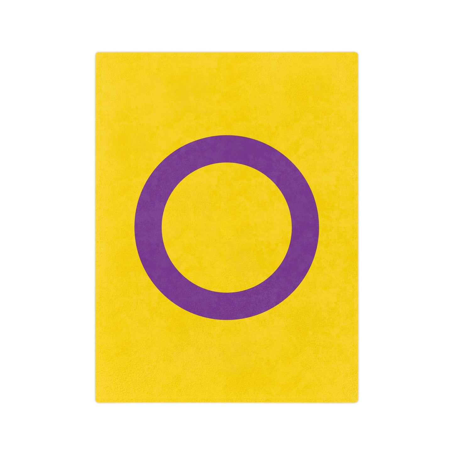 The Minky Intersex Pride Flag Velveteen Microfiber Blanket by Printify features a yellow background with a centered purple circle, evoking the intersex pride flag.