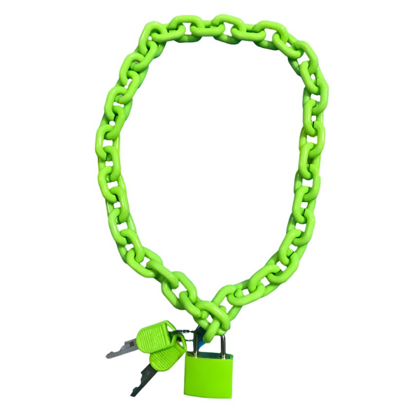 The Neon Acrylic Chain and Padlock Necklace by Gay Skate is a lime green padlock necklace with a bold, chunky chain and two keys. Large interlocking links form a striking circle, with the keys nestled close to the matching padlock.