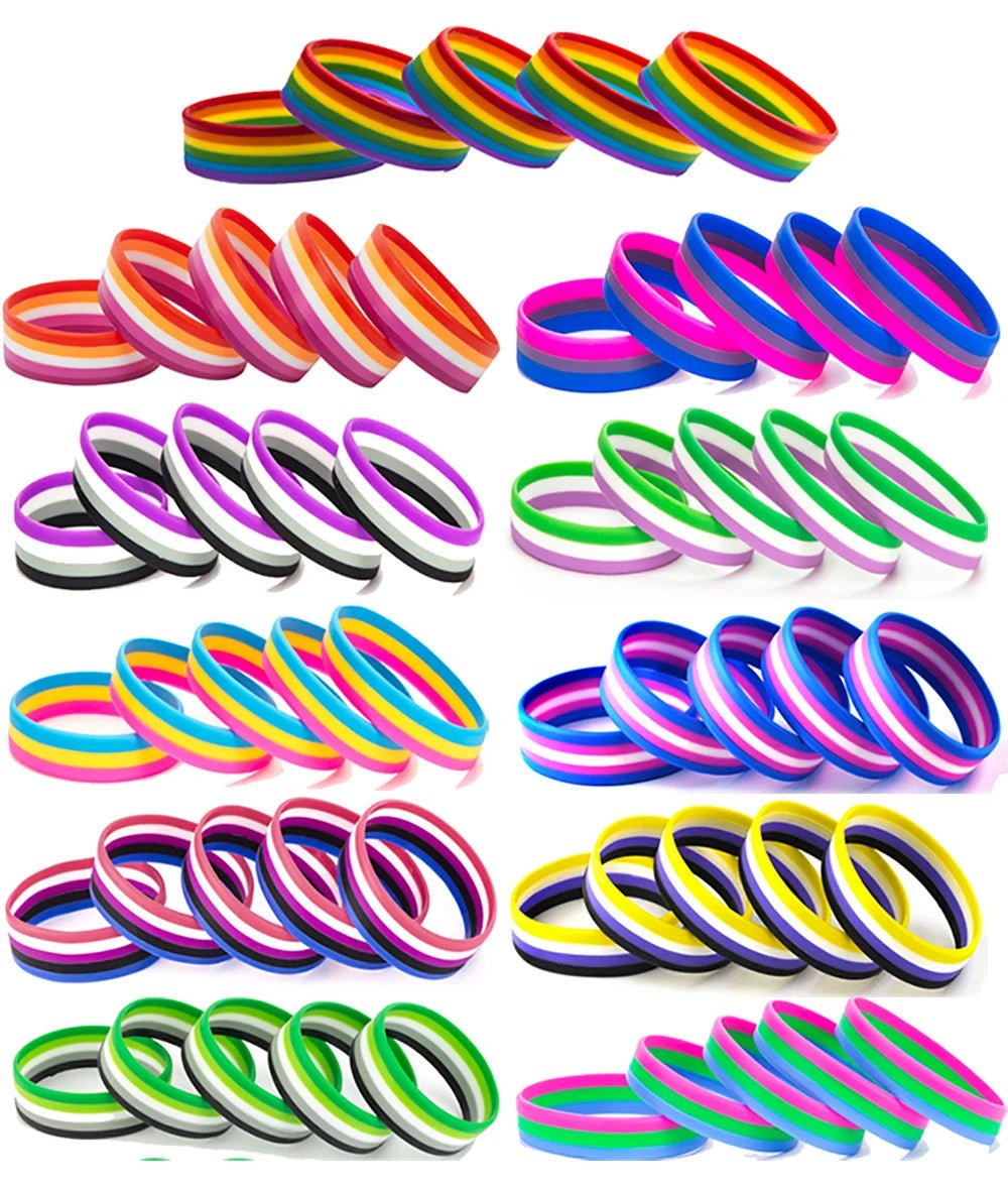 Pack of 10 Pride Flag Silicone Wrist Bands - Rainbow, Trans, Bi, Lesbian, Non-Binary +++