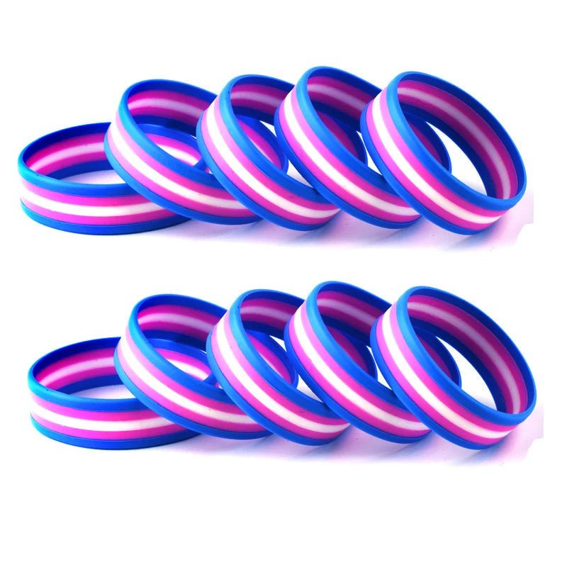 Transgender pride silicone wrist band bracelets in blue, pink, and white