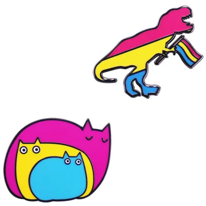 Pansexual Pride dinosaur pin. Pan pride cats badge
