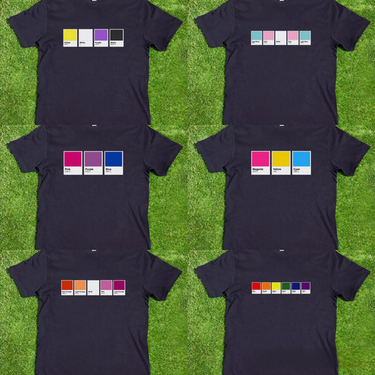 Six black Pantone Pride Flag t-shirts, hand printed locally, display rows of colored squares with names for rainbow, trans, non-binary, lesbian, pan, bi, ace, and aro flags—perfect unique LGBTQ pride clothing.