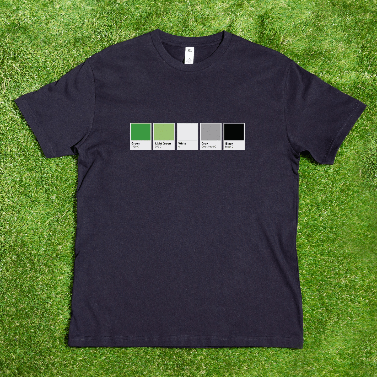 A black Pantone Pride Flag t-shirt, locally hand printed and unisex, displays Green, Light Green, White, Gray, and Black swatches and is shown laid flat on green grass.