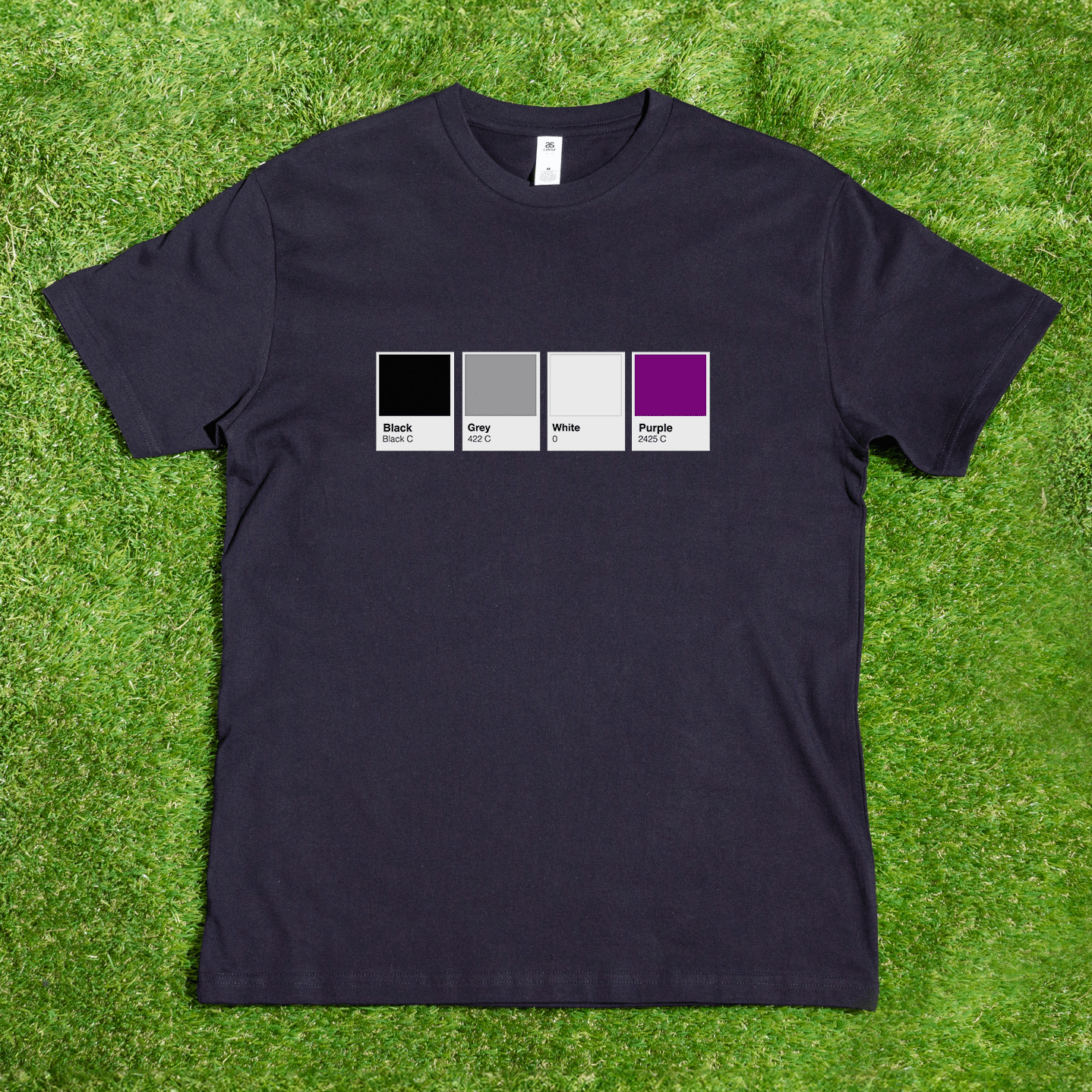 A black Pantone Pride Flag t-shirt sits on grass, displaying swatches labeled Black, Grey, White, and Purple—each with a matching colored square above—a nod to LGBTQ pride. Local hand printed unisex shirt supports all flag colors.