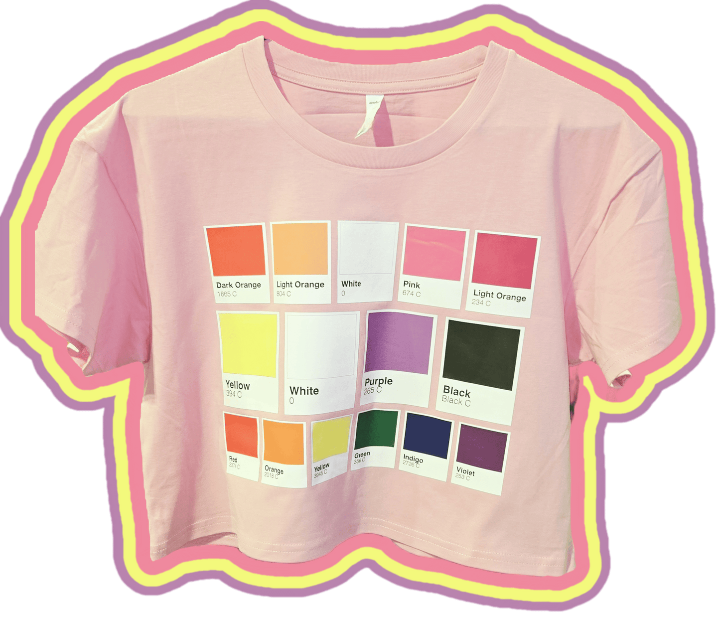 A bubblegum pink cropped tee featuring a colourful grid of pantone pride swatches based on pride flags - lesbian, non-binary and rainbow