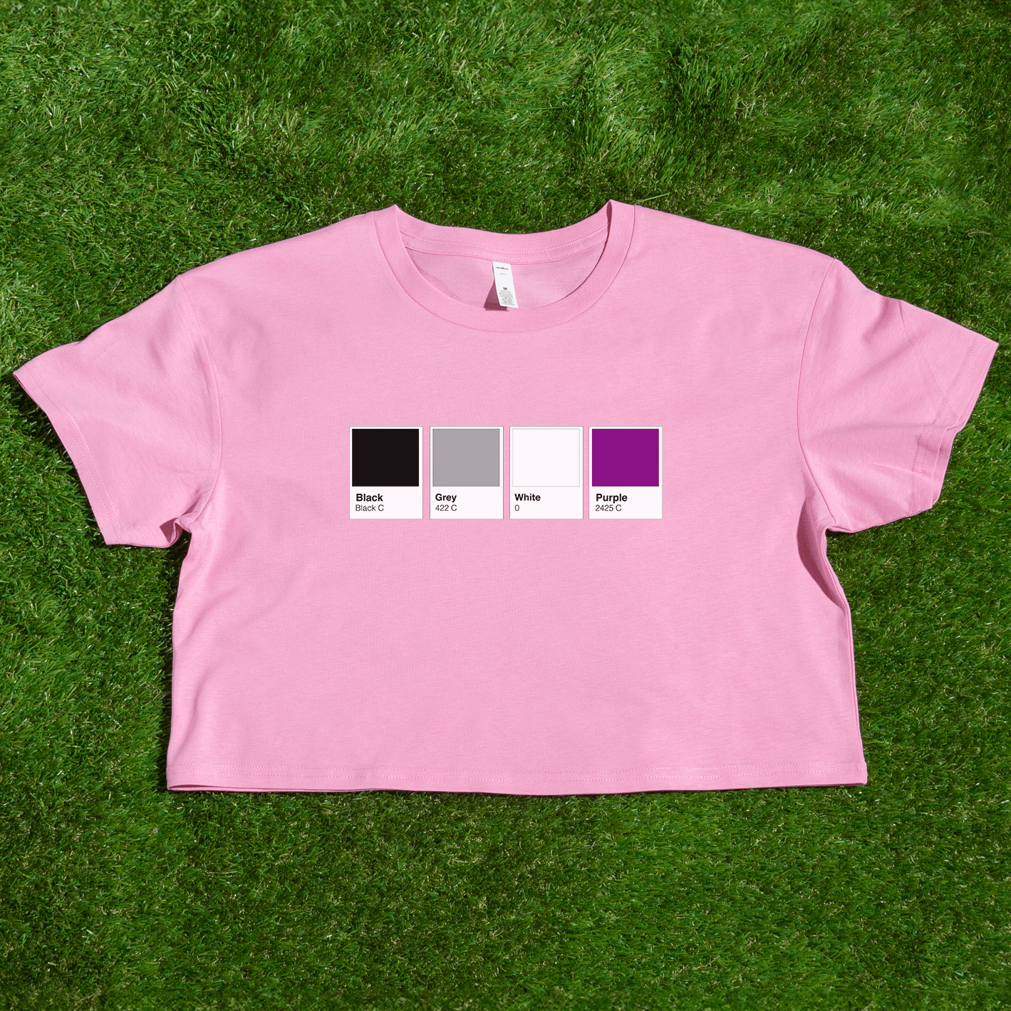 A pink cropped tee rests on green grass, displaying Pantone-inspired pride flag swatches—Rainbow, Trans, Non-binary, Lesbian, Pan, Bi, Ace, and Aro—from a queer-owned business. Locally printed for style and inclusivity.