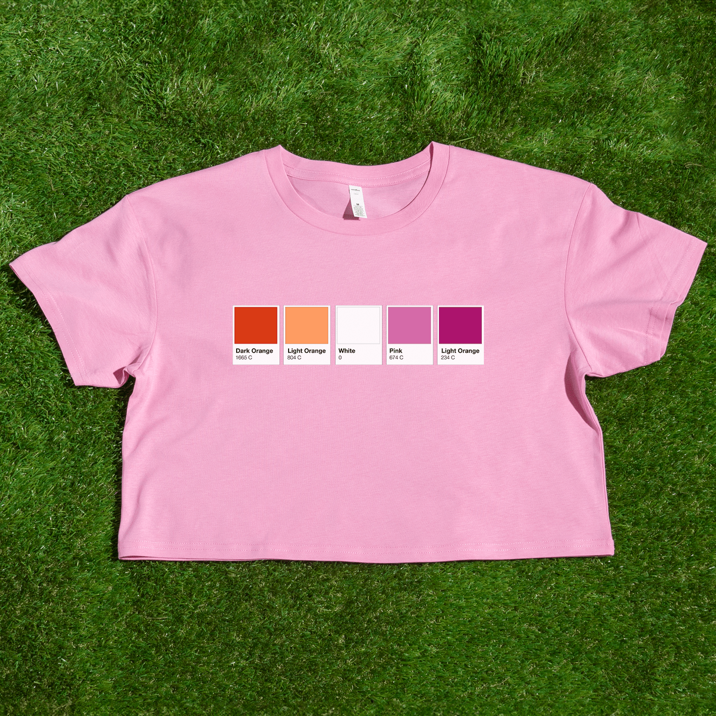 A pink cropped tee rests on green grass, showcasing Pantone pride flag swatches—Rainbow, Trans, Non-binary, Lesbian, Pan, Bi, Ace, and Aro—locally printed for colorful pride vibes.