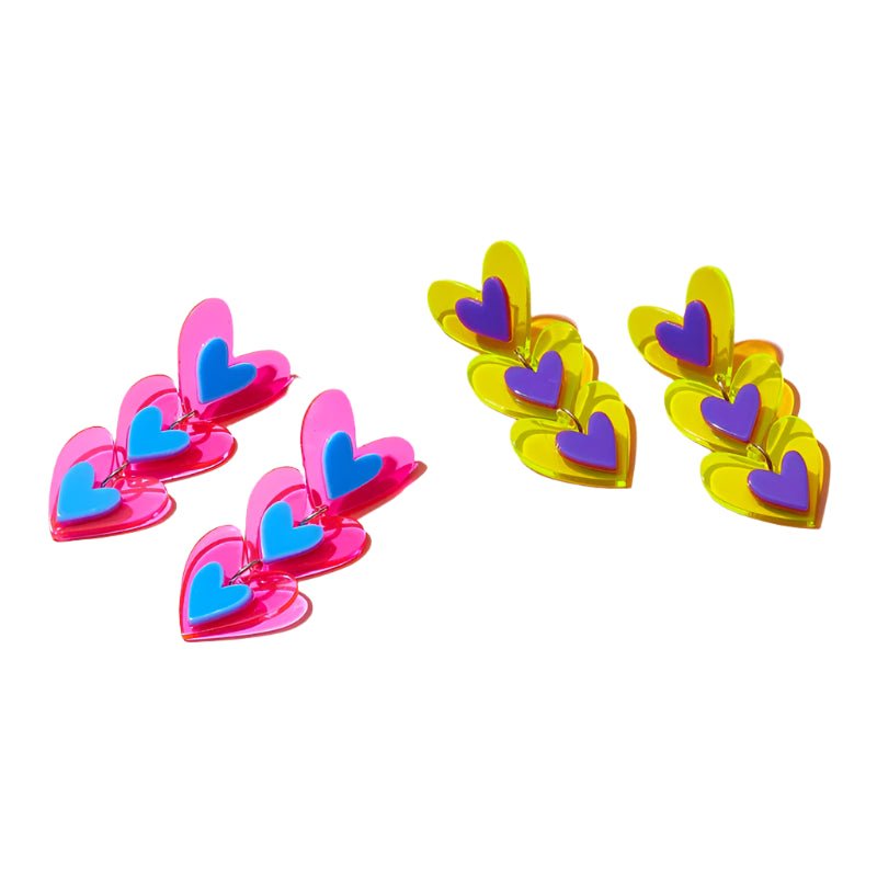 Pink and Blue love heart earrings. Yellow and Purple love heart resin earrings