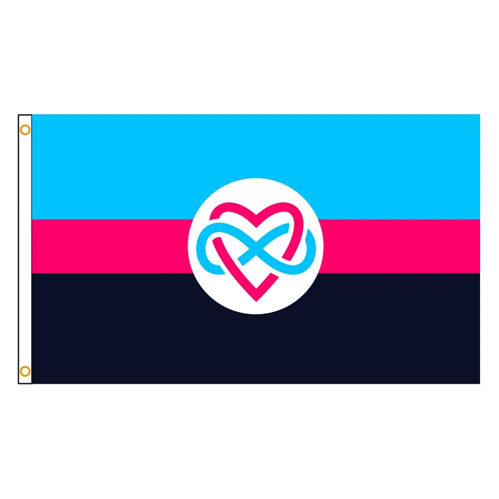 Polyamory pride flag - blue, red and black flag with love heart infinity symbol