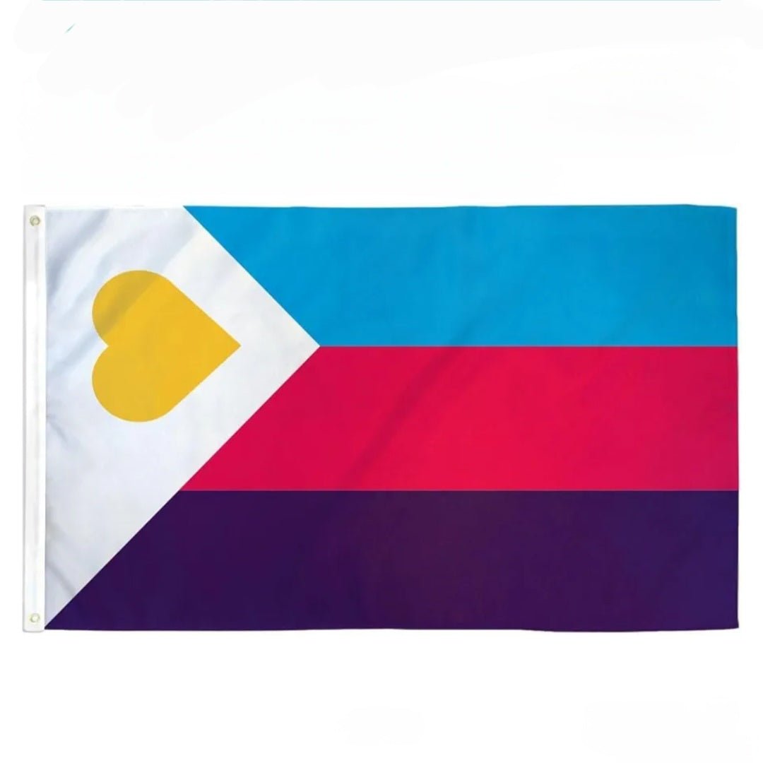 Large polyamory pride flag - yellow heart, white, blue, red, yellow and black flag for non-monagamy.