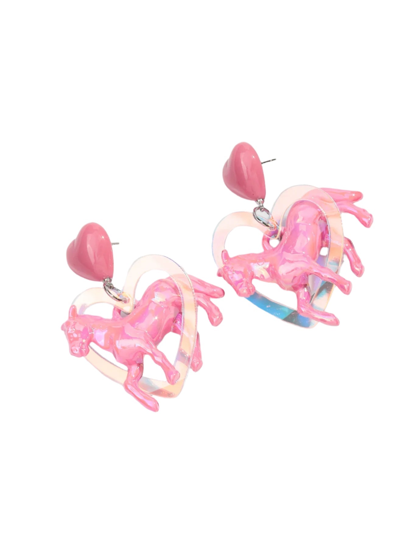 Pink and multicolored holographic heart-shaped earrings with a pink pony