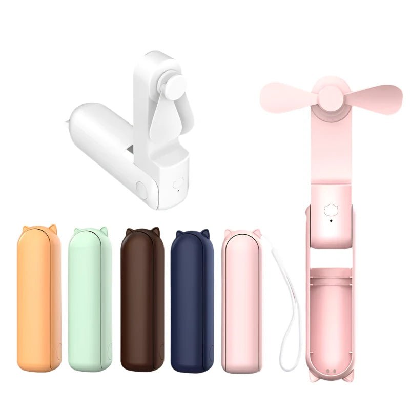 Discover the Portable Rechargeable Mini Electric Fan, available in a vibrant range of colors including white, pink, orange, mint green, brown, navy blue, and light pink. These compact fans feature a foldable design and USB charging capabilities for ultimate convenience.