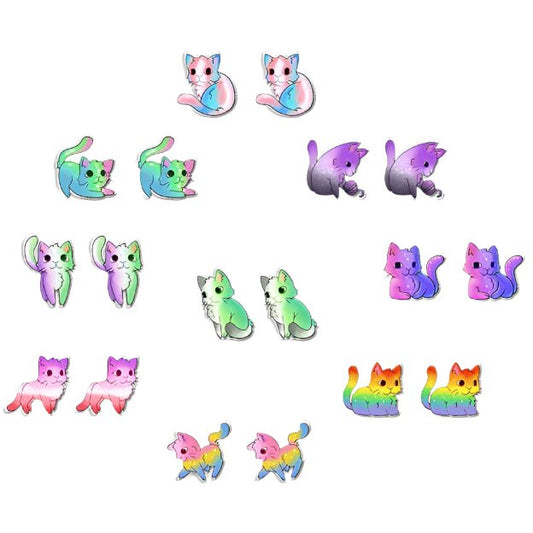 Pride Flag Cat Kitten colorful earrings feature a collection of cartoon cat illustrations  inspired by pride flags. Each pair showcases unique pride flags