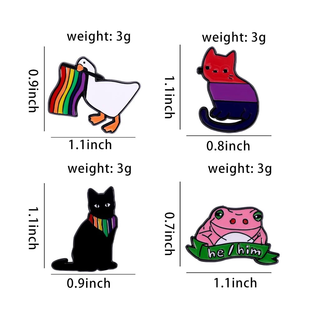 Four Pride Flag Enamel Pins from Gay Skate. A bisexual pride flag cat. Top right: a black cat wearing a rainbow bandanna. A rainbow flag waving duck. A he/him pink frog holding a "he/him" banner, celebrating queer identities.