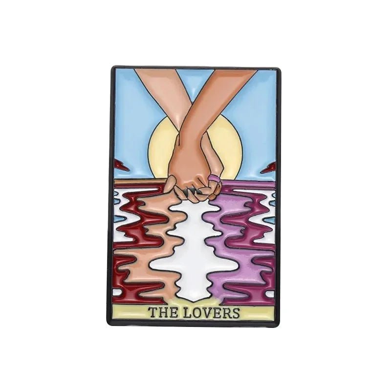 A stylized illustration of two hands holding each other in front of a sunset with water reflections, featuring "THE LOVERS" at the bottom—perfect for Pride Flag Fist enamel pins (Ace, Bi, Pan, Lesbian, Rainbow & Trans).