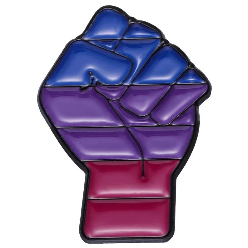 A raised fist in blue, purple, and red stripes represents the bisexual pride flag—available as part of the Pride Flag Fist enamel pins collection (Ace, Bi, Pan, Lesbian, Rainbow & Trans), perfect for LGBTQ+ pride and ally support.