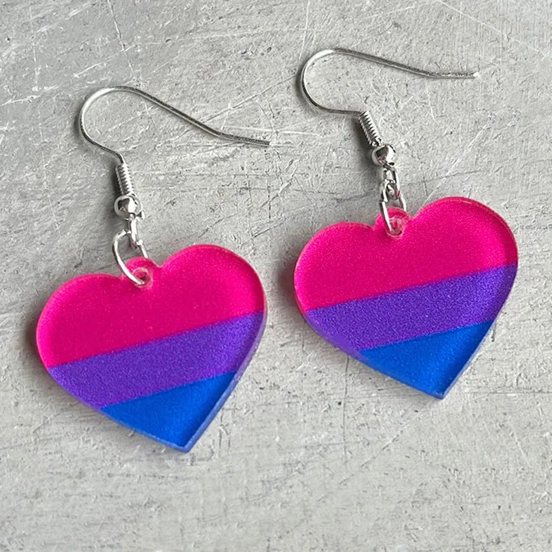 Bisexual pride flag love heart acrylic dangly earrings