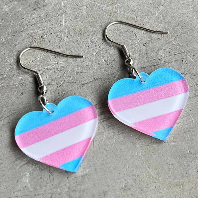 Trans pride flag love heart acrylic dangly earrings