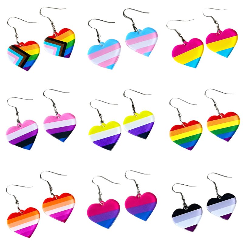 Acrylic love heart pride flag earrings. Rainbow, trans, pansexual, gender queer, non-binary, progress pride, lesbian, bisexual, asexual earrings