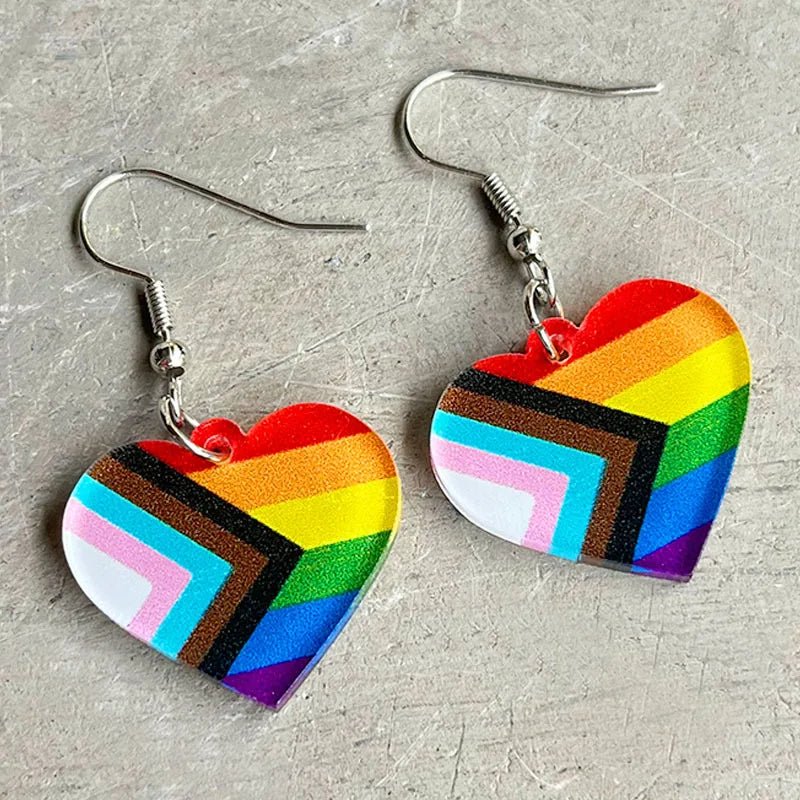 Progress rainbow pride flag love heart acrylic dangly earrings