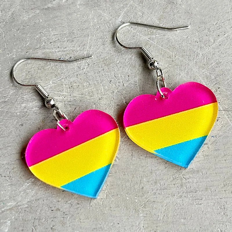 Pansexual pride flag love heart acrylic dangly earrings