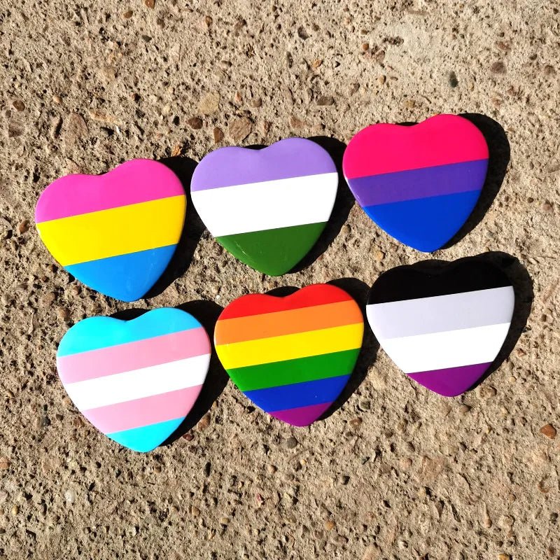 Pride Flag Metal Heart Badge - Pansexual, Genderqueer, Bisexual, Trans, Rainbow, Asexual