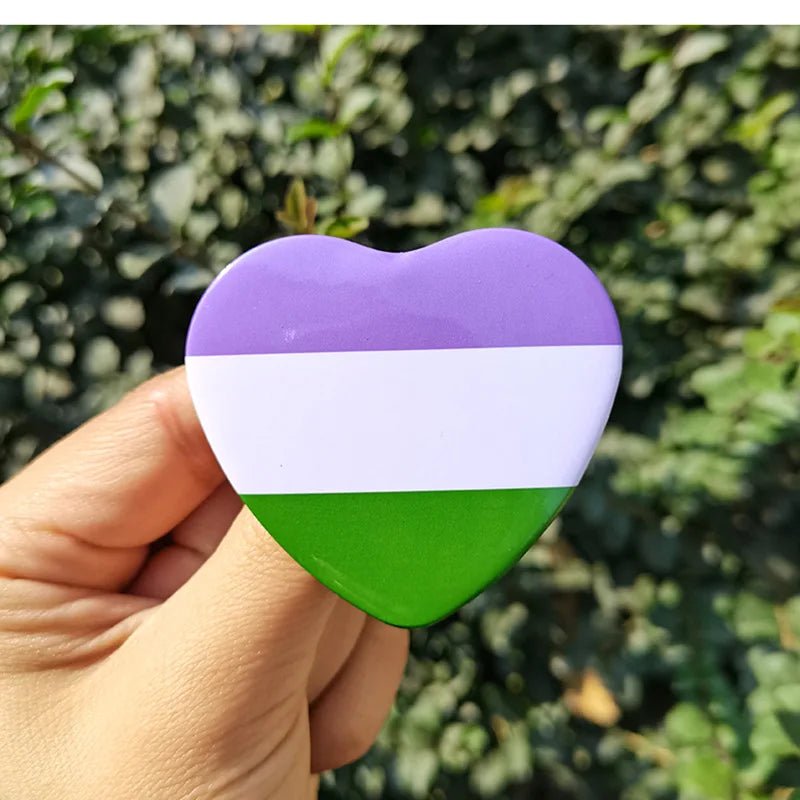 Pride Flag Metal Heart Badge - Pansexual, Genderqueer, Bisexual, Trans, Rainbow, Asexual