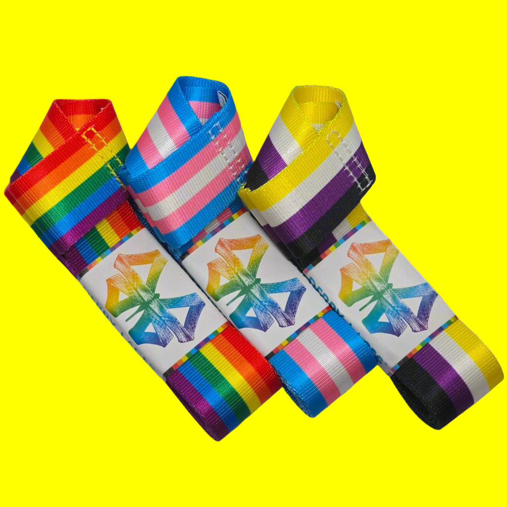 The Pride Skate Leash – Gear Strap comes in Rainbow, Trans, Non-Binary, and Lesbian flag colors with geometric star labels—perfect for use as a skate leash or yoga strap, shown here on a purple background.