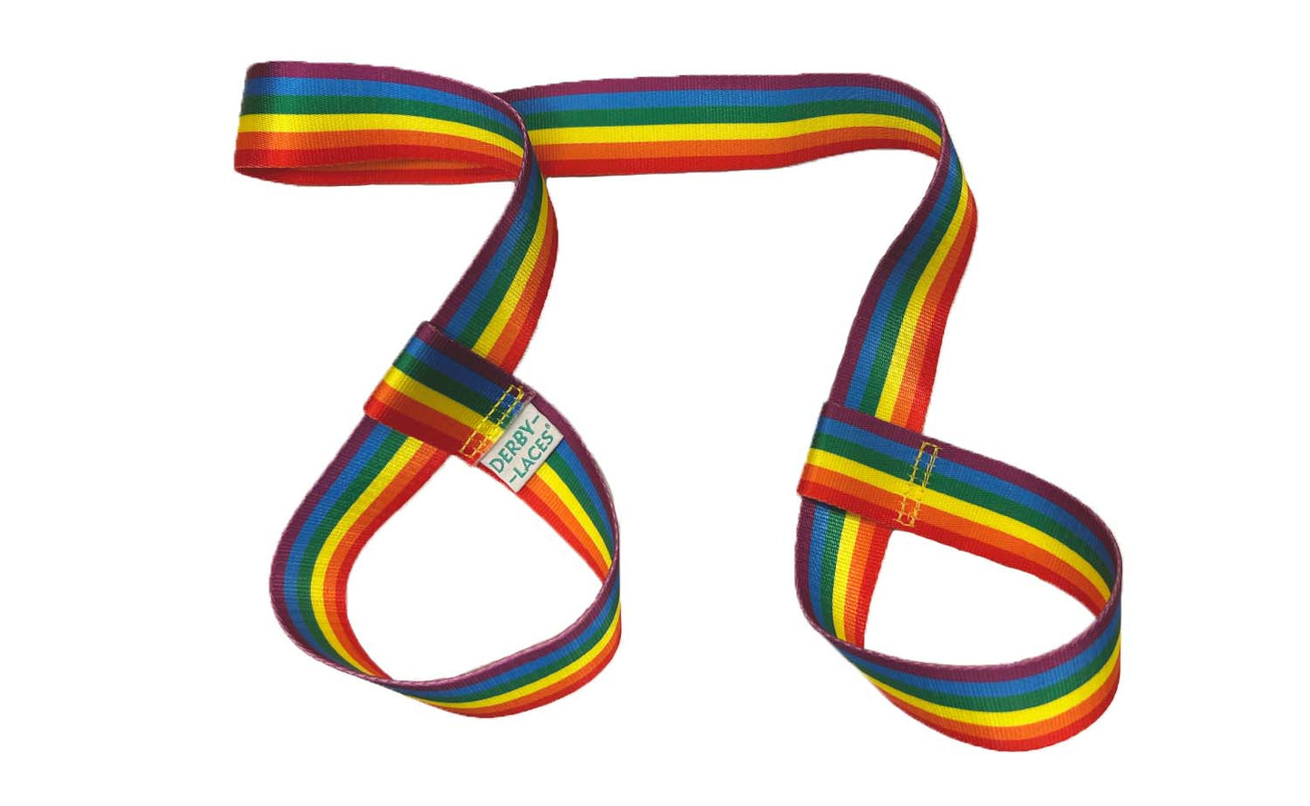 The Pride Skate Leash – Gear strap, shown in rainbow flag colors, is arranged in loops on a white background with vibrant stripes and a label attached. Also available in Trans, Non-Binary, and Lesbian flag designs.