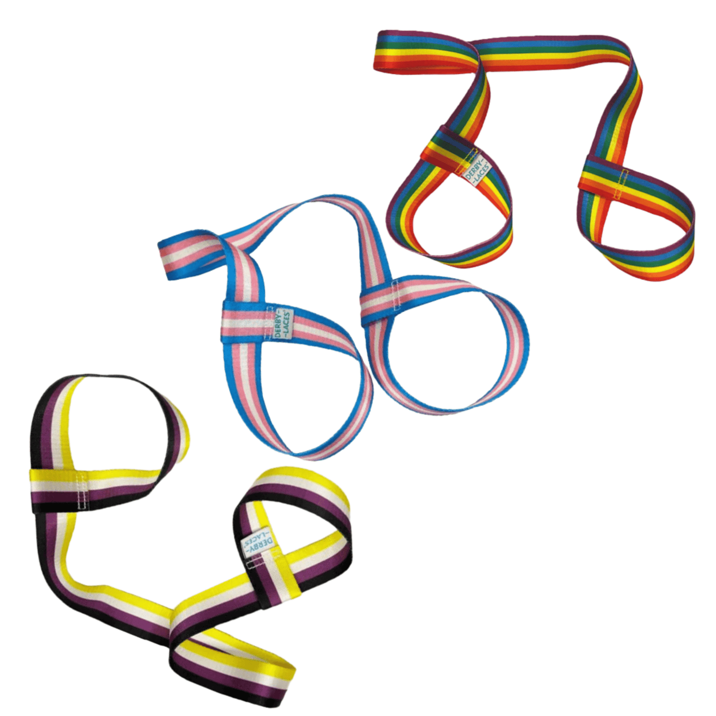 Four Pride Skate Leashes—Rainbow, Trans, Non-Binary, and Lesbian flag colors—are displayed separately on a white background, each looking like a bright gear strap for yoga or skating.