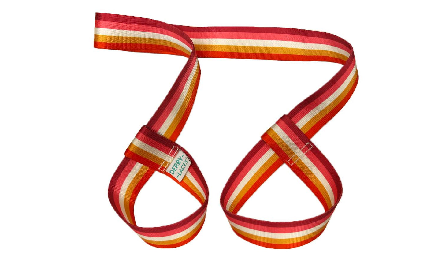 The Lesbian Pride Flag Skate Leash – Gear Strap features vibrant stripes evoking the lesbian flag. Skate strap, skate noose. Sapphic, WLW pride. Derby Laces skate accessory